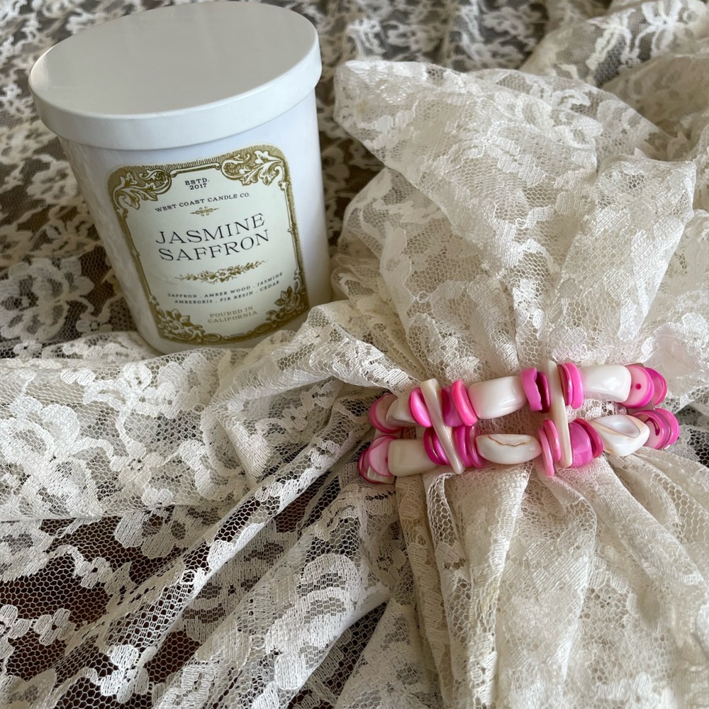 Handmade Pink Shell Beaded Stretch Bracelet 
Saffron Candle. Gift. For you.